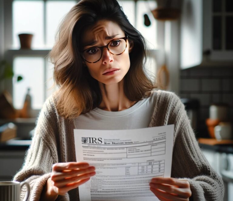 An AI generated image of a worried woman looking at a CP14 tax notice